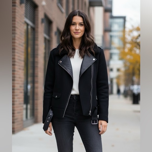 Sandro Jackets & Blazers - Sandro Black Wool and Leather Moto Jacket Peacoat Size 38